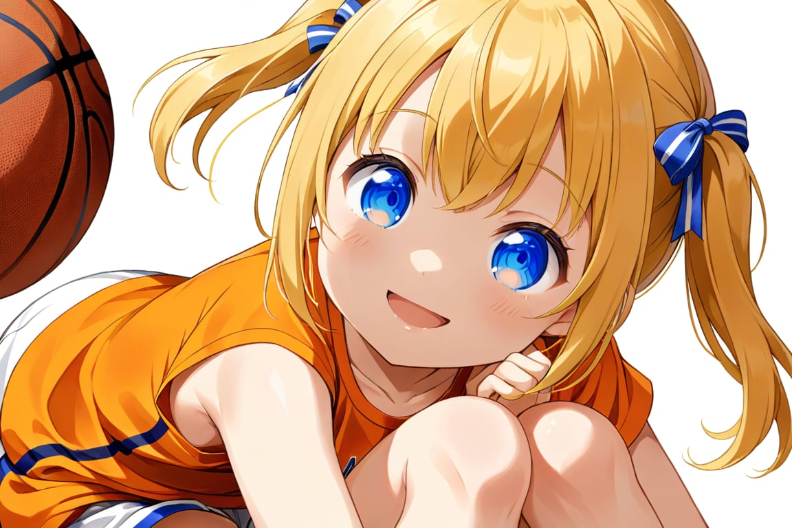 loli, happy_face, yellow hair, down_view, twin_tails, blue_eyes, basketball, orange shirt, white shorts, sitting_down