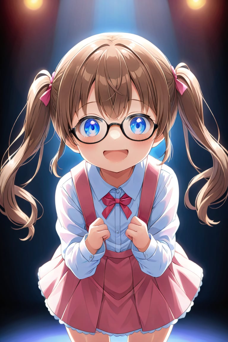 loli, brown hair, happy_face, front_view, twin_tails, blue_eyes, theather, white shirt, pink skirt, black glasses, :p