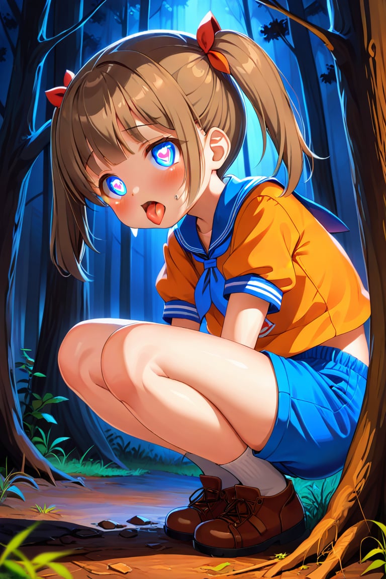 loli, cum face, sideview, twin tails, brown hair, night forest, scout , orange shirt, blue shorts, looking_at_viewer, heart_shaped_pupils, sticking_out_tongue, squatting