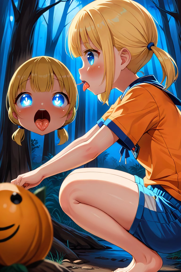 loli, cum face, sideview, twin tails, yellow hair, night forest, scout , orange shirt, blue shorts, looking_at_viewer, heart_shaped_pupils, sticking_out_tongue, squatting