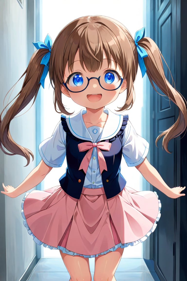 loli, brown hair, happy_face, front_view, twin_tails, blue_eyes, movie, white shirt, pink skirt, black glasses