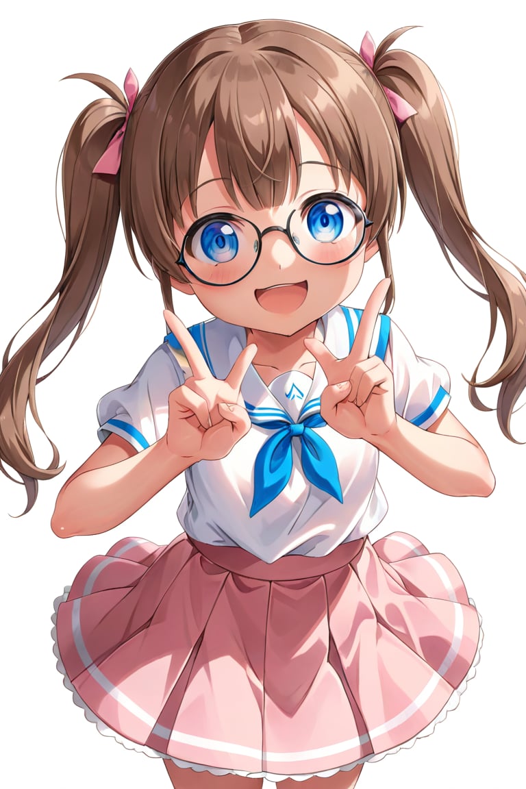 loli, brown hair, happy_face, front_view, twin_tails, blue_eyes, movie, white shirt, pink skirt, black glasses, peace_gesture