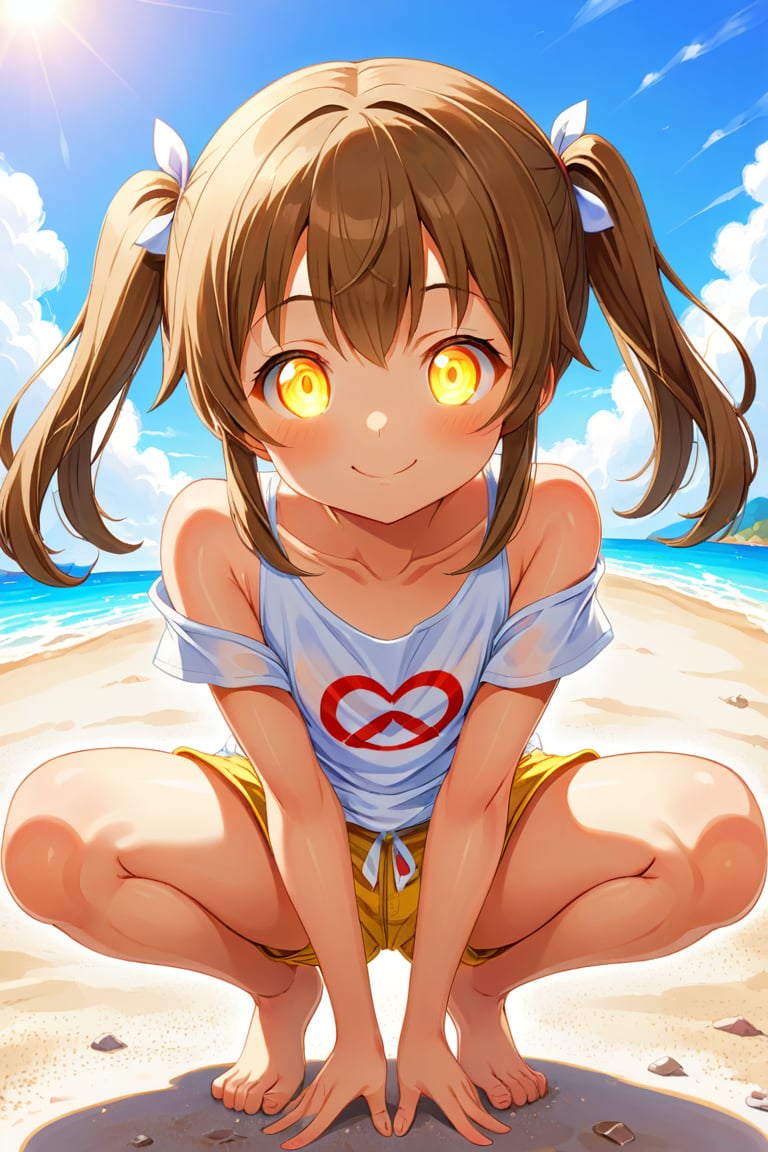 loli hypnotized, happy_face, yellow eyes, brown hair, front_view, twin_tails, beach, white shirt, yellow short pants, crouched, peace fingers