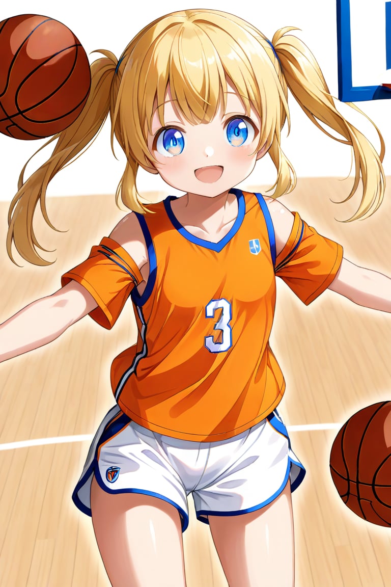 loli, happy_face, yellow hair, front_view, twin_tails, blue_eyes, basketball, orange shirt, white shorts, 