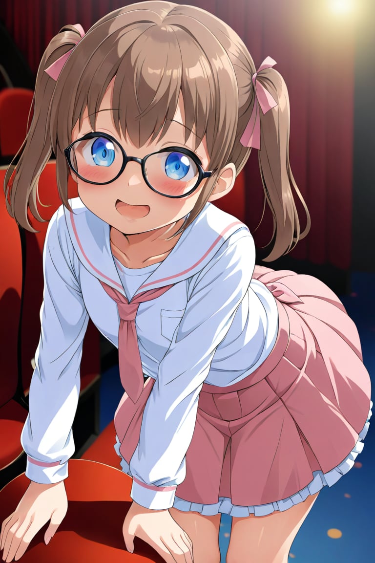 loli, brown hair, happy_face, front_view, twin_tails, blue_eyes, theather, white shirt, pink skirt, black glasses, ass_job