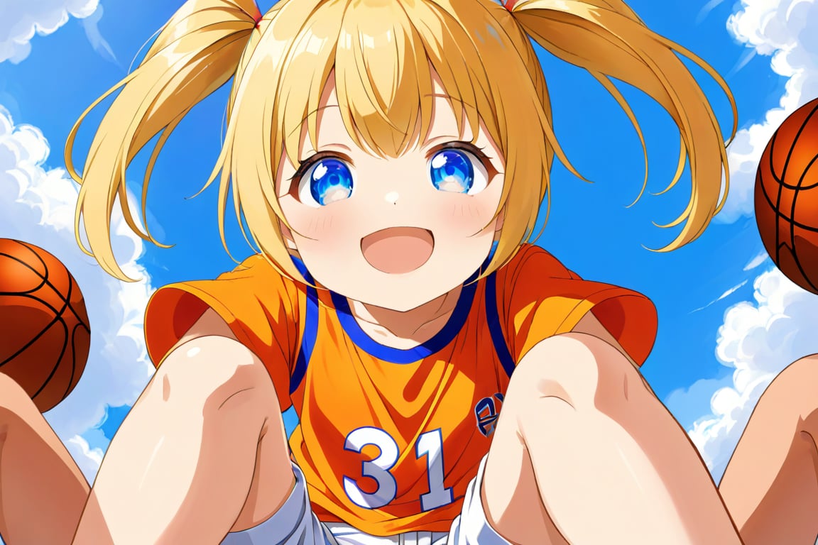 loli, happy_face, yellow hair, down_view, twin_tails, blue_eyes, basketball, orange shirt, white shorts, sitting_down