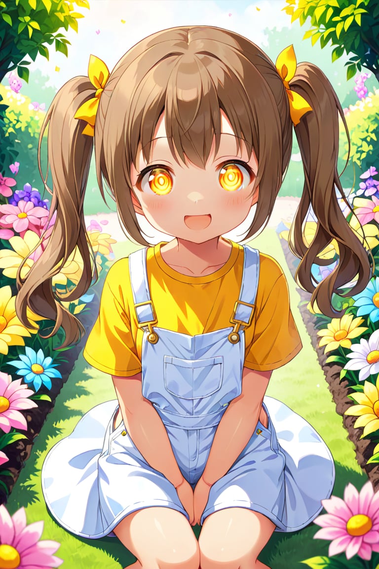 loli hypnotized, happy_face, yellow eyes, brown hair, front_view, twin_tails, flowers garden, yellow shirt, white overalls, sitting