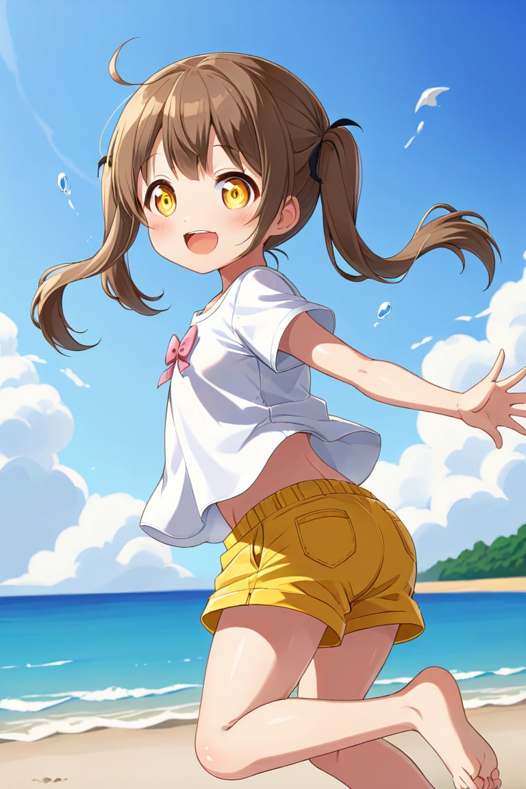 loli hypnotized, happy_face, yellow eyes, brown hair, side_view, twin_tails, beach, white shirt, yellow short pants, jumping