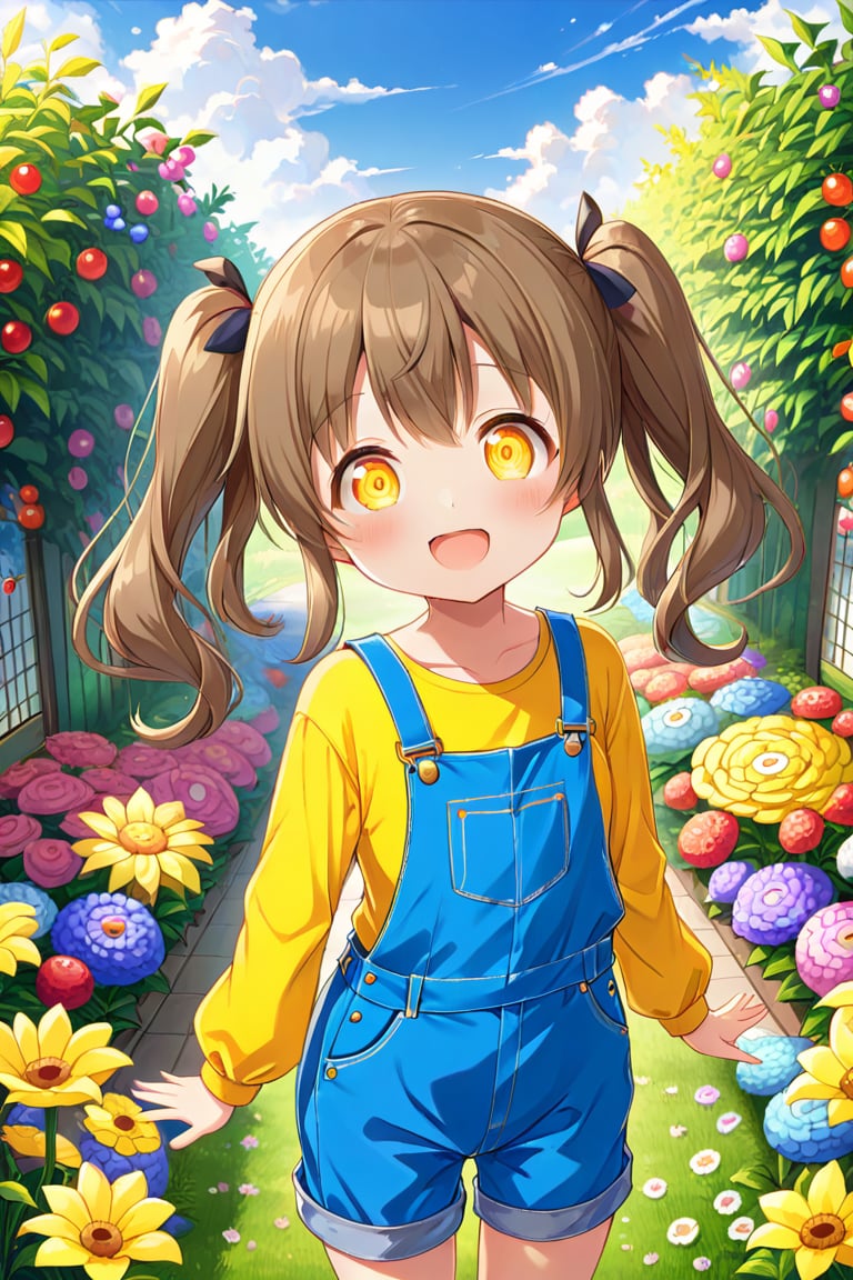 loli hypnotized, happy_face, yellow eyes, brown hair, frong_view, twin_tails, flowers garden, yellow shirt, blue overalls, 