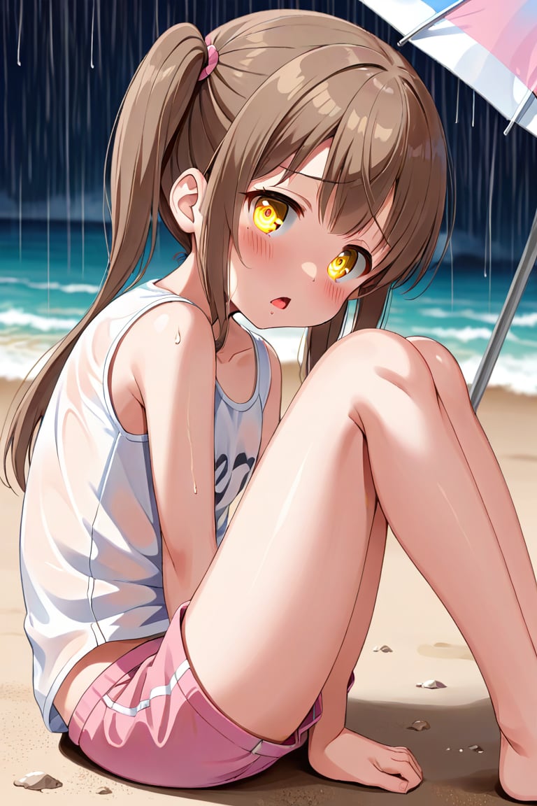 loli hypnotized, sad_face, yellow eyes, brown hair, side_view, twin_tails, rain beach, white shirt, pink short pants, lying, sticking_out_tongue