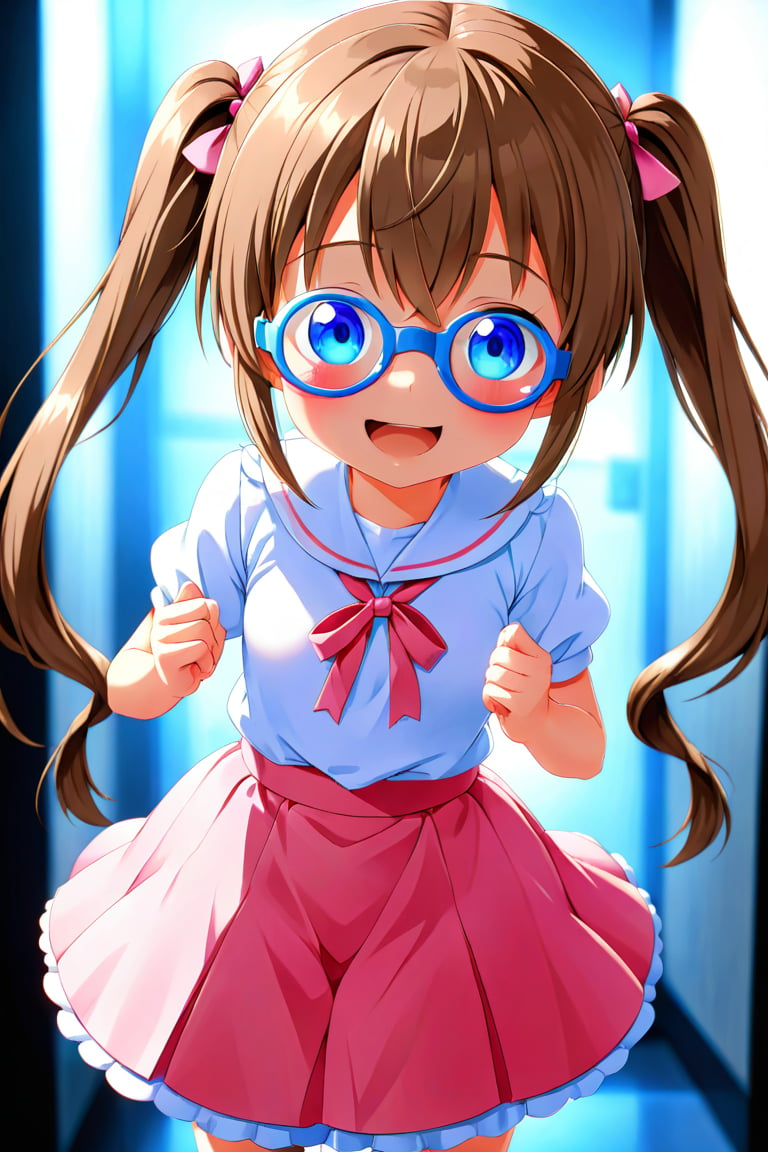 loli, brown hair, happy_face, front_view, twin_tails, blue_eyes, movie, white shirt, pink skirt, 3D_glasses