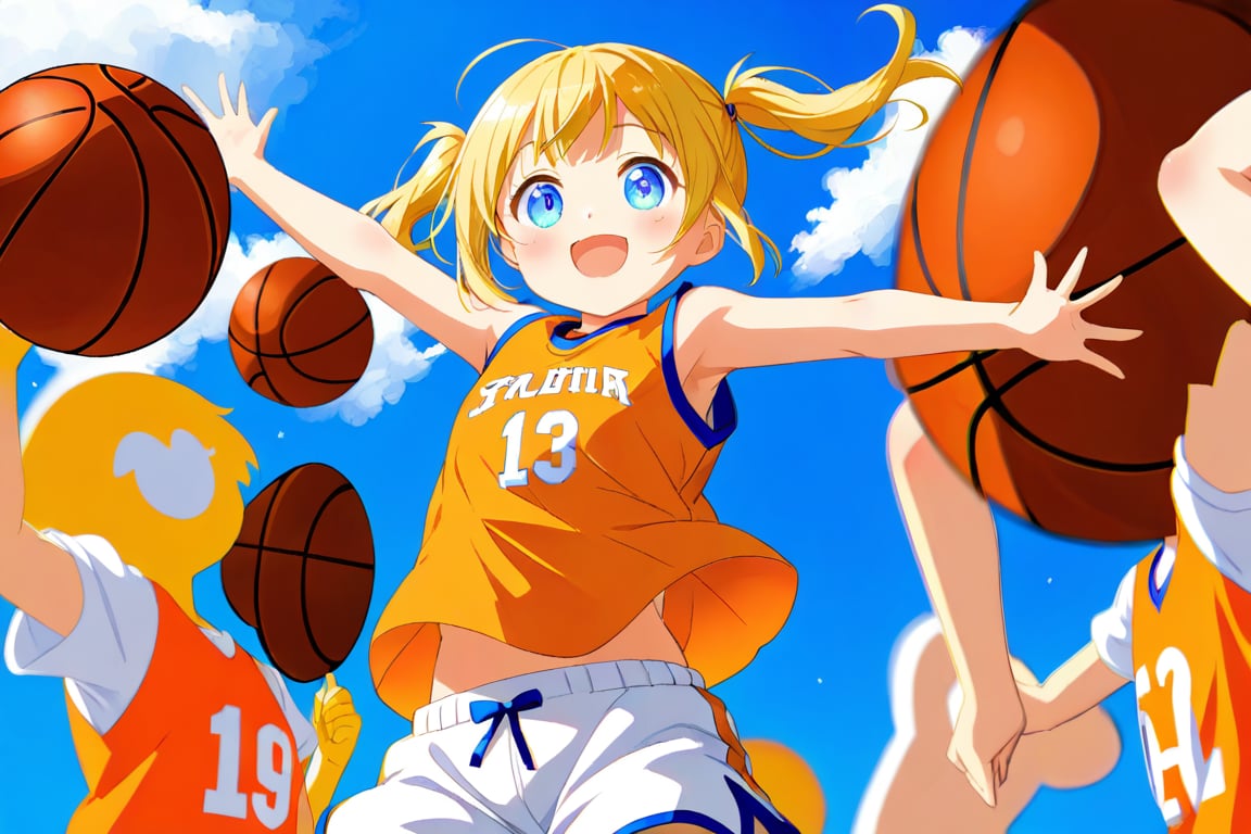 loli, happy_face, yellow hair, down_view, twin_tails, blue_eyes, basketball, orange shirt, white shorts, jumping