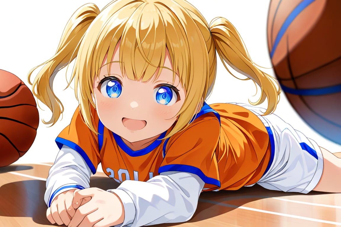 loli, happy_face, yellow hair, down_view, twin_tails, blue_eyes, basketball, orange shirt, white shorts, lying