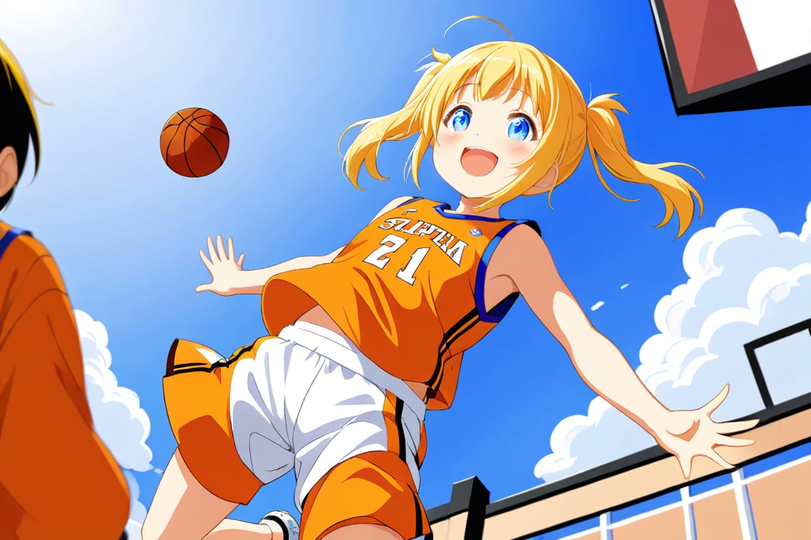 loli, happy_face, yellow hair, down_view, twin_tails, blue_eyes, basketball, orange shirt, white shorts, jumping