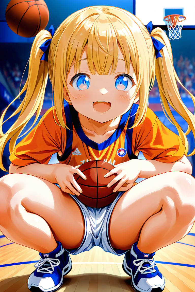 loli, happy_face, yellow hair, down_view, twin_tails, blue_eyes, basketball, orange shirt, white shorts, squatting