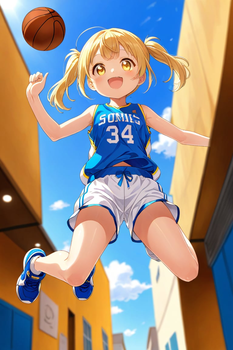 loli, happy_face, yellow hair, down_view, twin_tails, yellow_eyes, basketball, blue shirt, white shorts, jumping