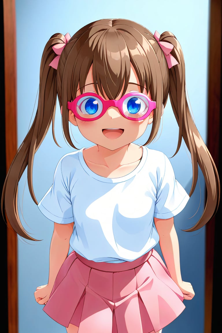 loli, brown hair, happy_face, front_view, twin_tails, blue_eyes, movie, white shirt, pink skirt, 3D_glasses