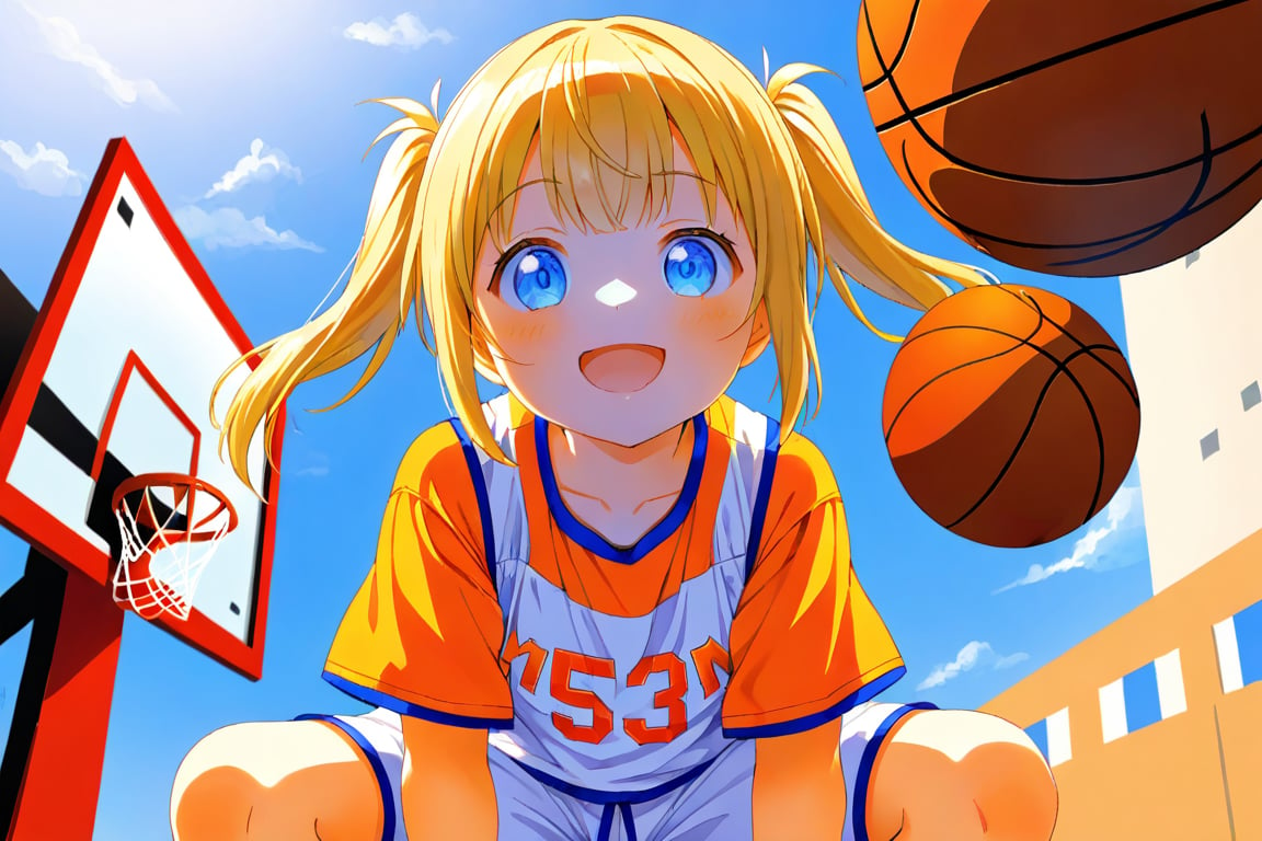 loli, happy_face, yellow hair, down_view, twin_tails, blue_eyes, basketball, orange shirt, white shorts, squatting