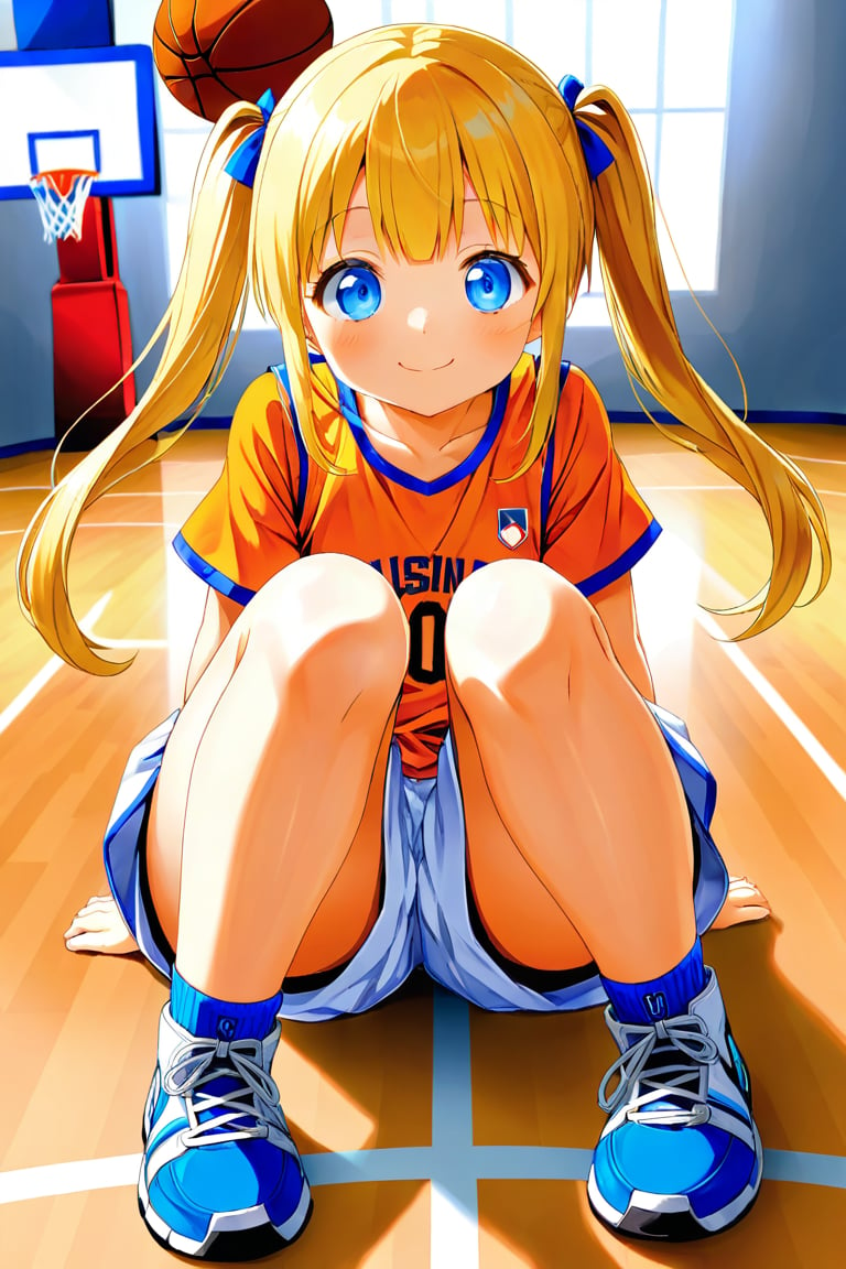 loli, happy_face, yellow hair, down_view, twin_tails, blue_eyes, basketball, orange shirt, white shorts, sitting_down