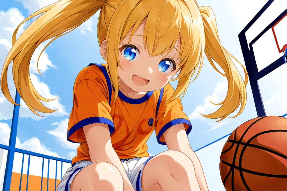 loli, happy_face, yellow hair, down_view, twin_tails, blue_eyes, basketball, orange shirt, white shorts, sitting_down