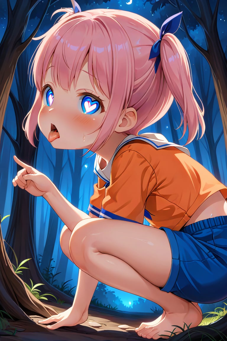 loli, cum face, sideview, twin tails, pink hair, night forest, scout , orange shirt, blue shorts, looking_at_viewer, heart_shaped_pupils, sticking_out_tongue, squatting