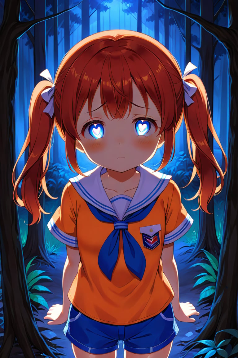 loli, sad face, front view, twin tails, red hair, night forest, scout , orange shirt, blue shorts, looking_at_viewer, heart_shaped_pupils, 