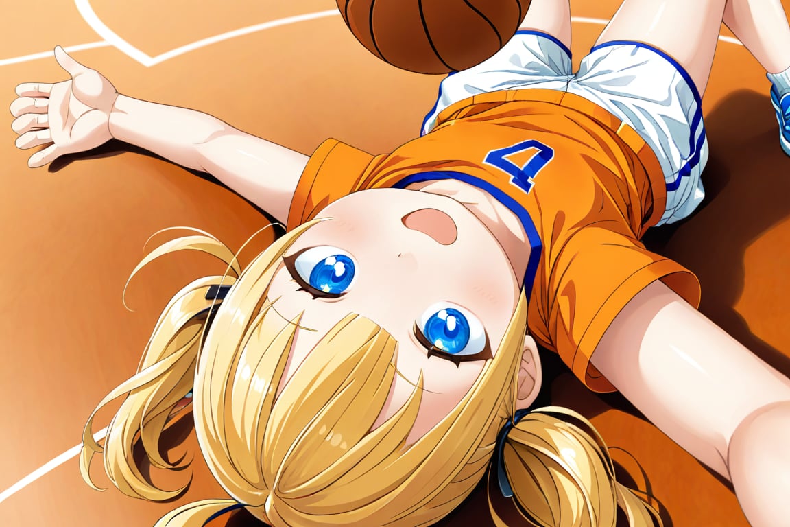 loli, happy_face, yellow hair, down_view, twin_tails, blue_eyes, basketball, orange shirt, white shorts, lying