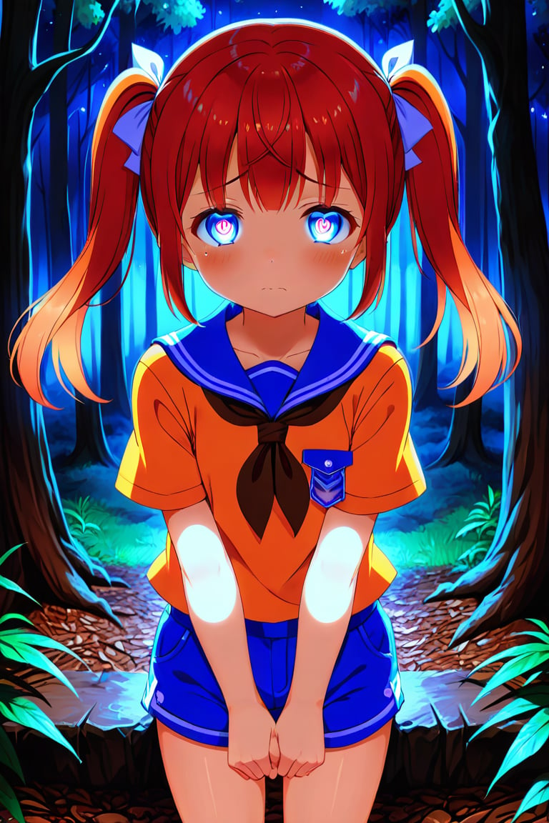 loli, sad face, front view, twin tails, red hair, night forest, scout , orange shirt, blue shorts, looking_at_viewer, heart_shaped_pupils, 