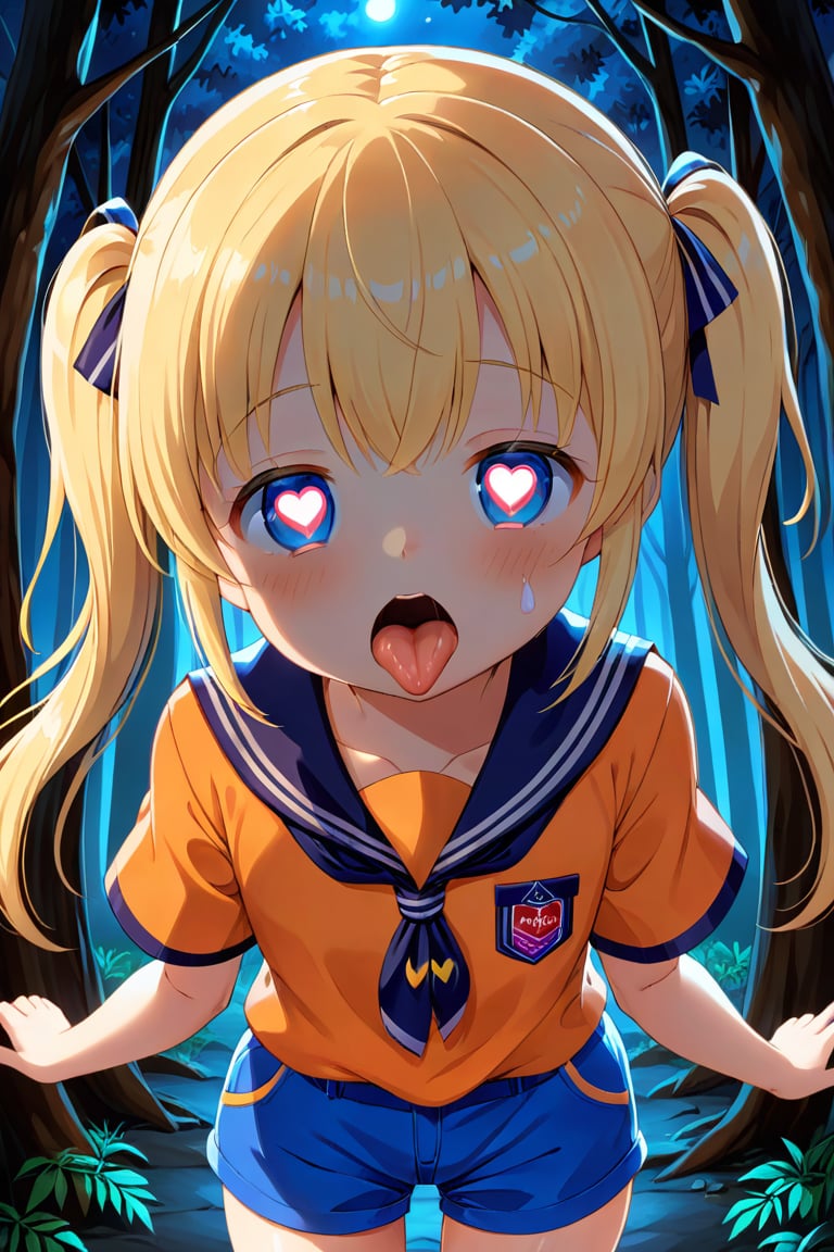 loli, cum face, front view, twin tails, yellow hair, night forest, scout , orange shirt, blue shorts, looking_at_viewer, heart_shaped_pupils, sticking_out_tongue