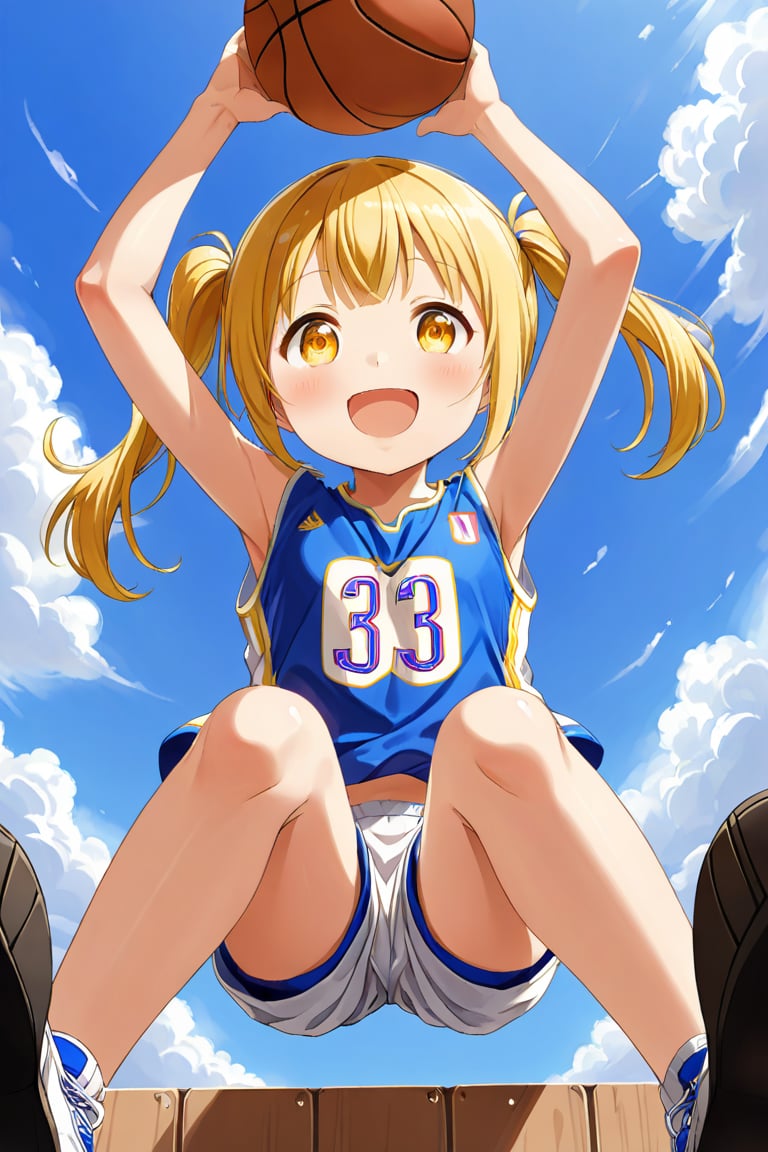 loli, happy_face, yellow hair, down_view, twin_tails, yellow_eyes, basketball, blue shirt, white shorts, jumping, sitting_down