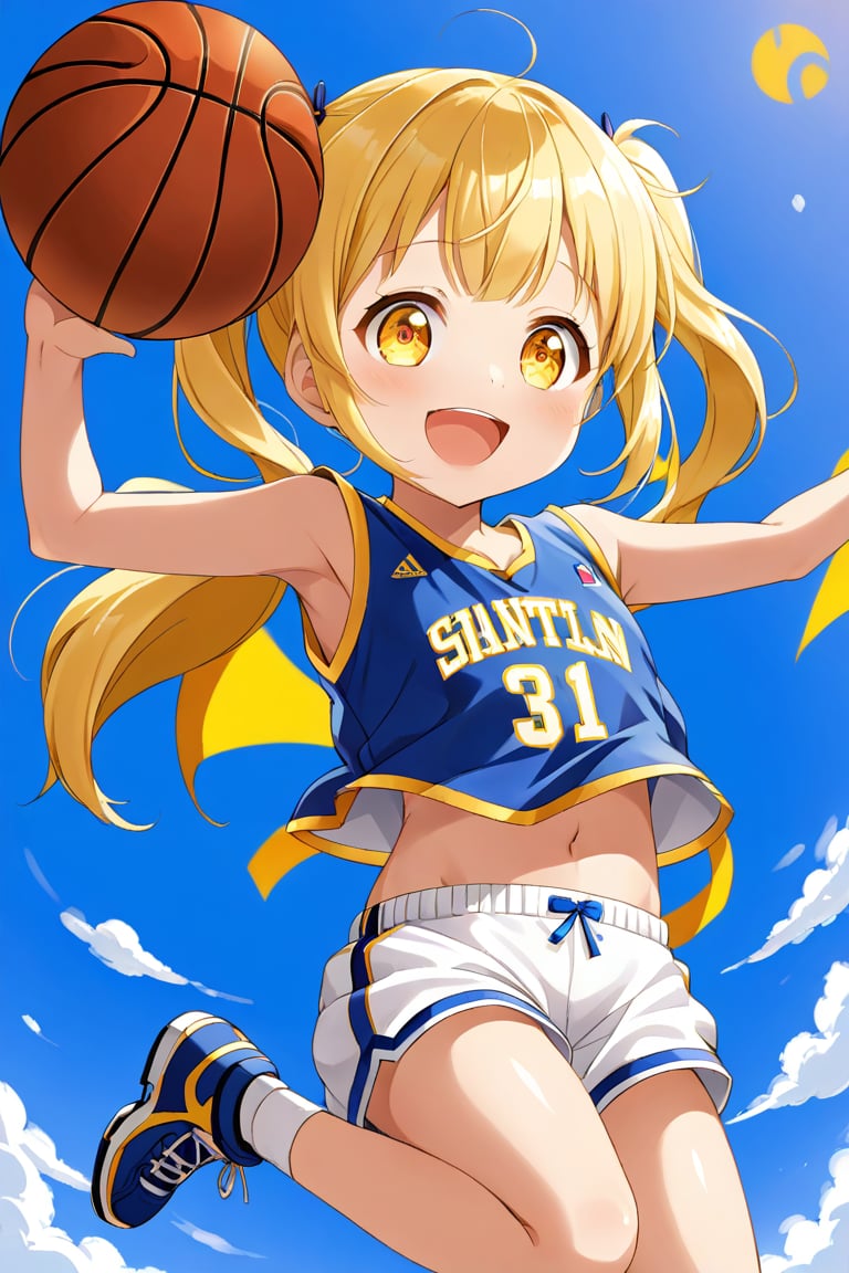 loli, happy_face, yellow hair, down_view, twin_tails, yellow_eyes, basketball, blue shirt, white shorts, jumping