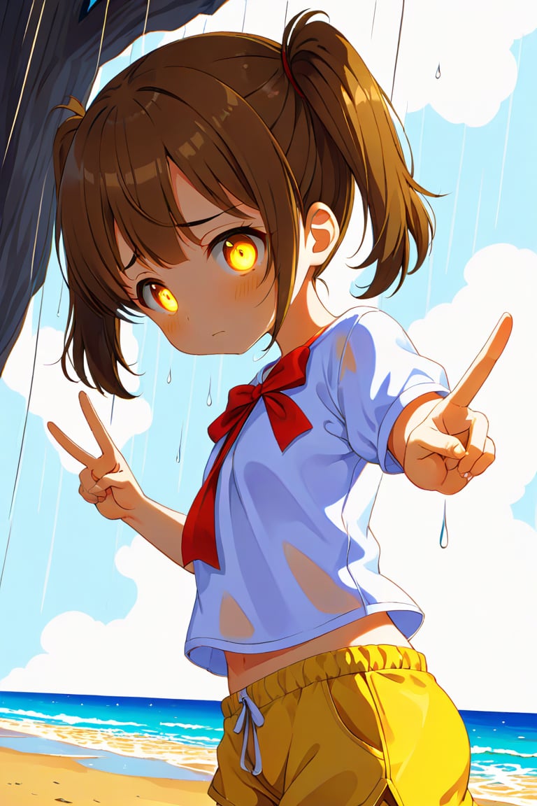 loli hypnotized, sad_face, yellow eyes, brown hair, side_view, twin_tails, rain beach, white shirt, yellow short pants, peace fingers