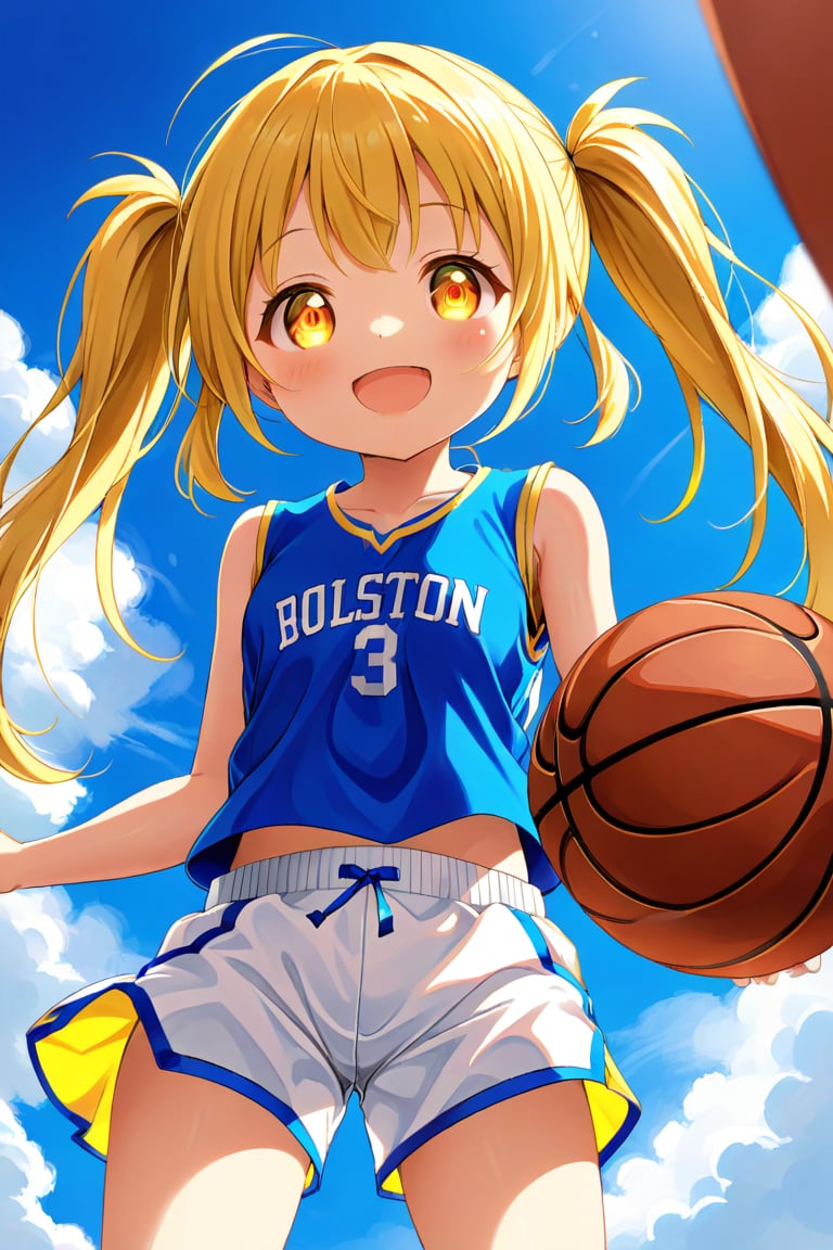 loli, happy_face, yellow hair, down_view, twin_tails, yellow_eyes, basketball, blue shirt, white shorts,