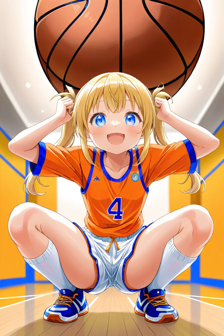 loli, happy_face, yellow hair, down_view, twin_tails, blue_eyes, basketball, orange shirt, white shorts, squatting