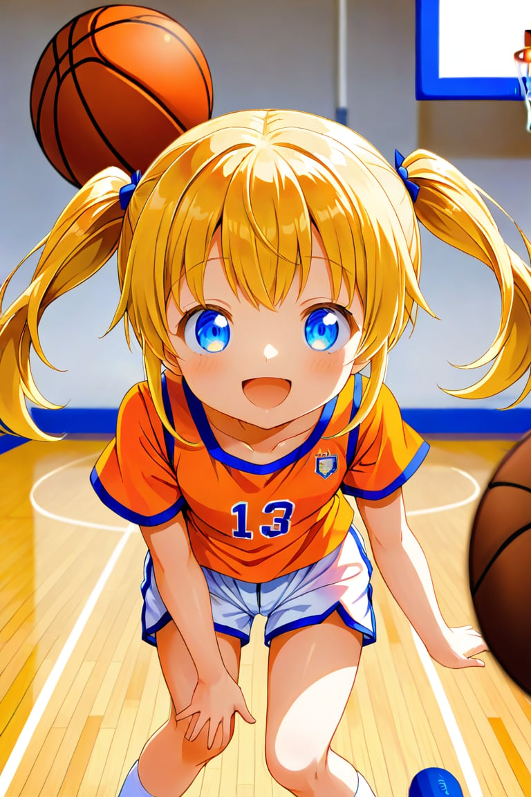 loli, happy_face, yellow hair, front_view, twin_tails, blue_eyes, basketball, orange shirt, white shorts, 