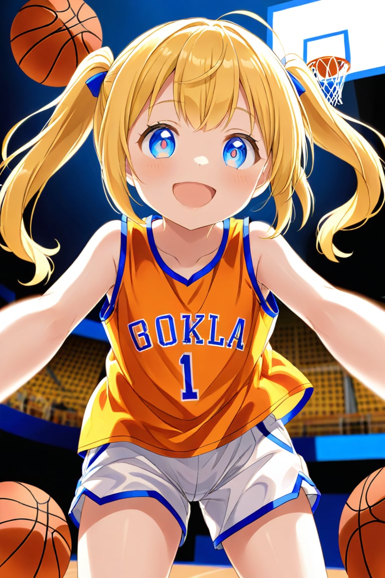 loli, happy_face, yellow hair, down_view, twin_tails, blue_eyes, basketball, orange shirt, white shorts, 