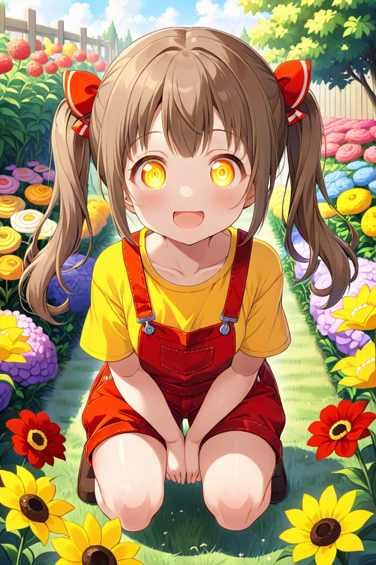 loli hypnotized, happy_face, yellow eyes, brown hair, front_view, twin_tails, flowers garden, yellow shirt, red overalls, squatting, 