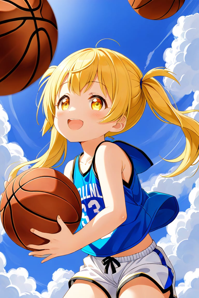 loli, happy_face, yellow hair, down_view, twin_tails, yellow_eyes, basketball, blue shirt, white shorts,