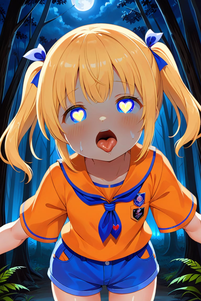 loli, cum face, front view, twin tails, yellow hair, night forest, scout , orange shirt, blue shorts, looking_at_viewer, heart_shaped_pupils, sticking_out_tongue