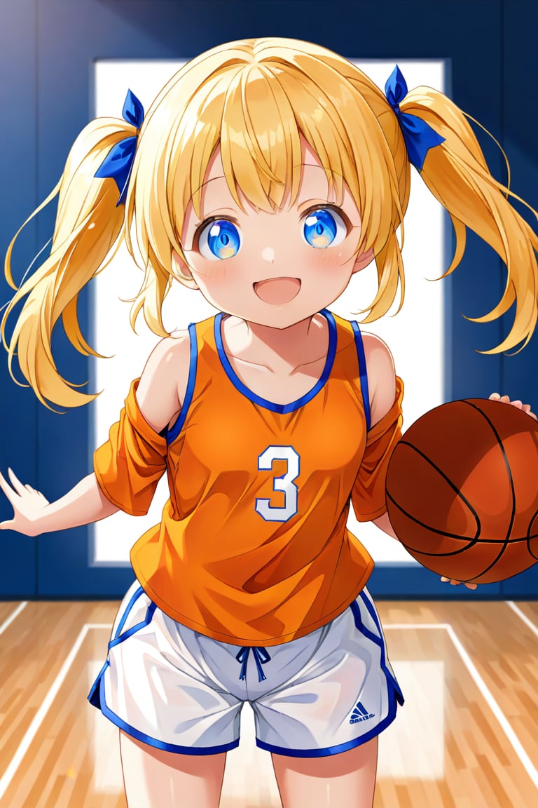 loli, happy_face, yellow hair, front_view, twin_tails, blue_eyes, basketball, orange shirt, white shorts, 