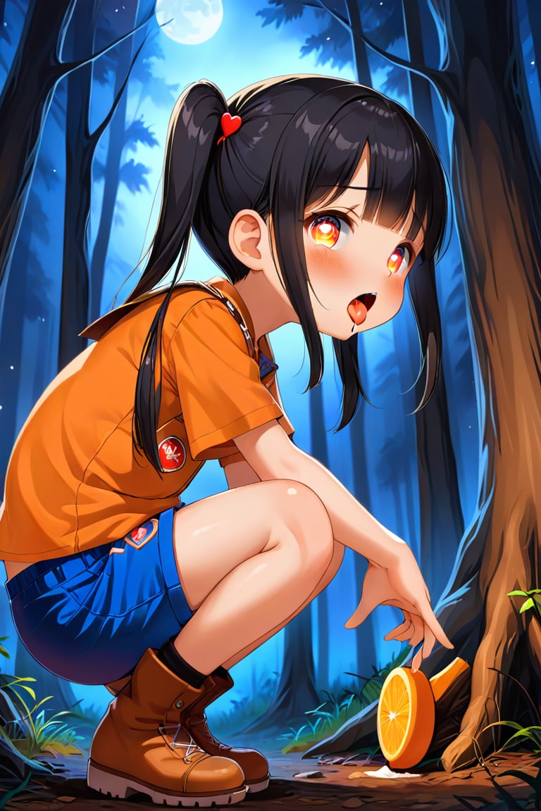 loli, cum face, sideview, twin tails, black hair, night forest, scout , orange shirt, blue shorts, looking_at_viewer, heart_shaped_pupils, sticking_out_tongue, squatting