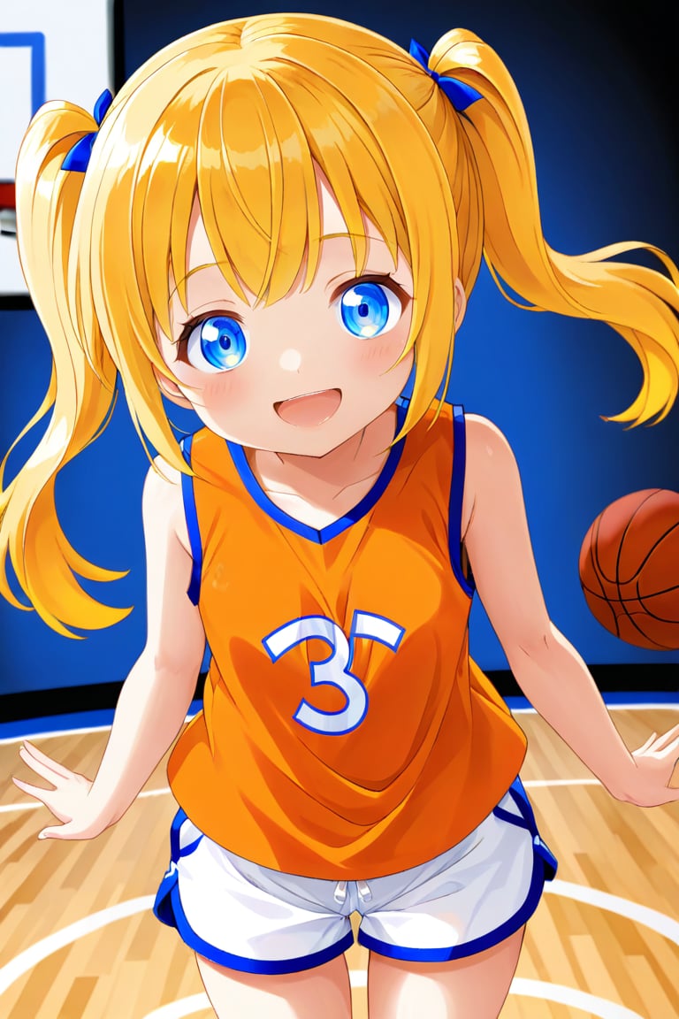 loli, happy_face, yellow hair, front_view, twin_tails, blue_eyes, basketball, orange shirt, white shorts, 