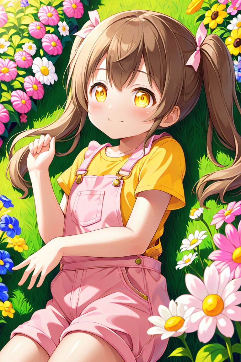 loli hypnotized, happy_face, yellow eyes, brown hair, side_view, twin_tails, flowers garden, yellow shirt, pink overalls, lying