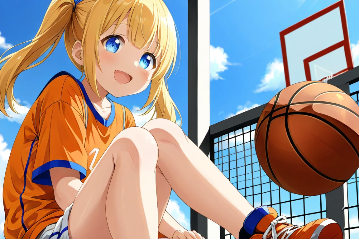 loli, happy_face, yellow hair, down_view, twin_tails, blue_eyes, basketball, orange shirt, white shorts, sitting_down