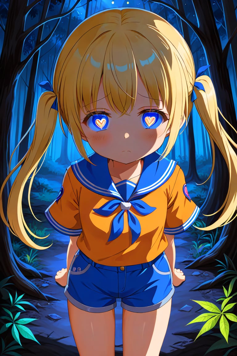 loli, sad face, front view, twin tails, yellow hair, night forest, scout , orange shirt, blue shorts, looking_at_viewer, heart_shaped_pupils, 