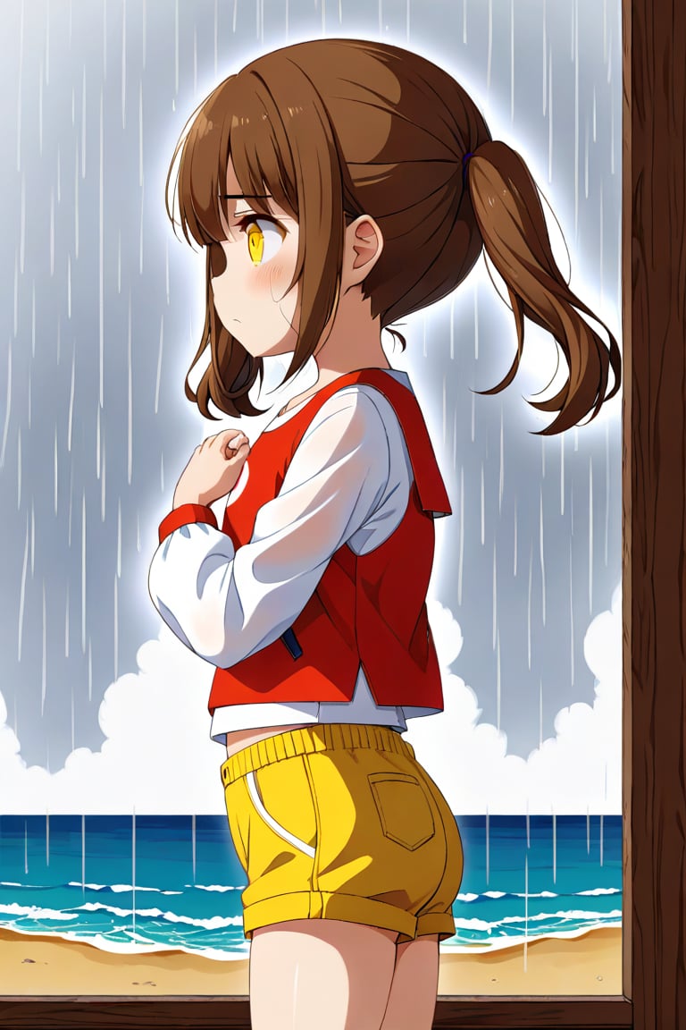 loli hypnotized, sad_face, yellow eyes, brown hair, side_view, twin_tails, rain beach, white shirt, yellow short pants, 