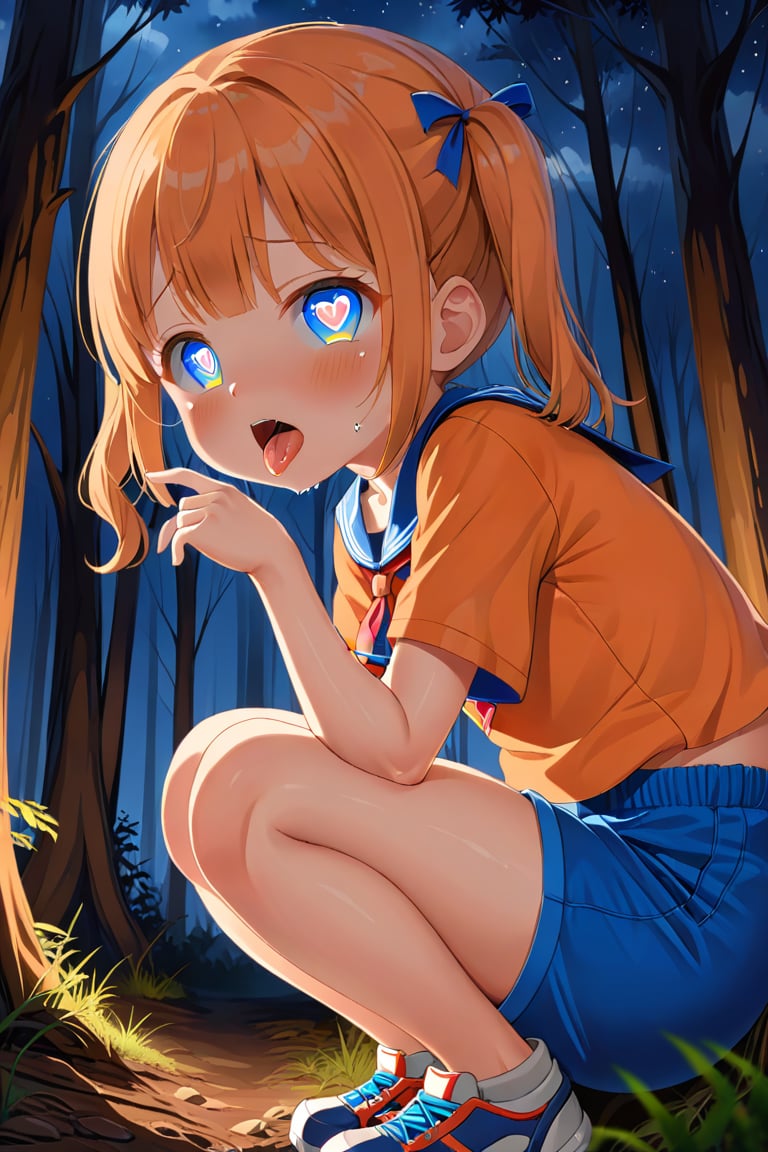 loli, cum face, sideview, twin tails, orange hair, night forest, scout , orange shirt, blue shorts, looking_at_viewer, heart_shaped_pupils, sticking_out_tongue, squatting