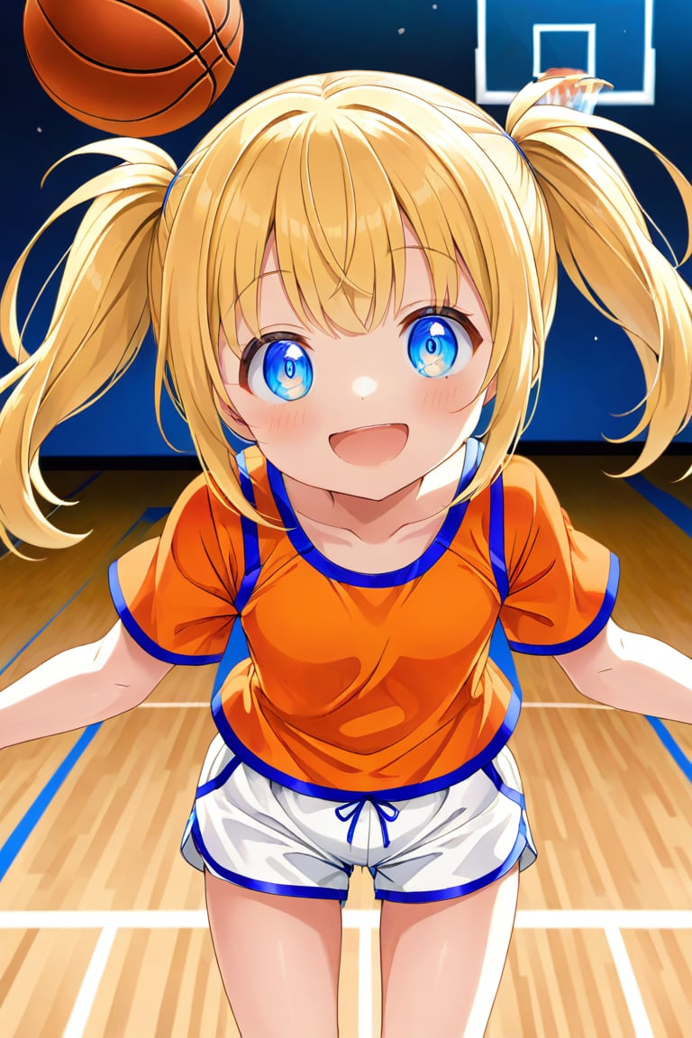 loli, happy_face, yellow hair, front_view, twin_tails, blue_eyes, basketball, orange shirt, white shorts, 