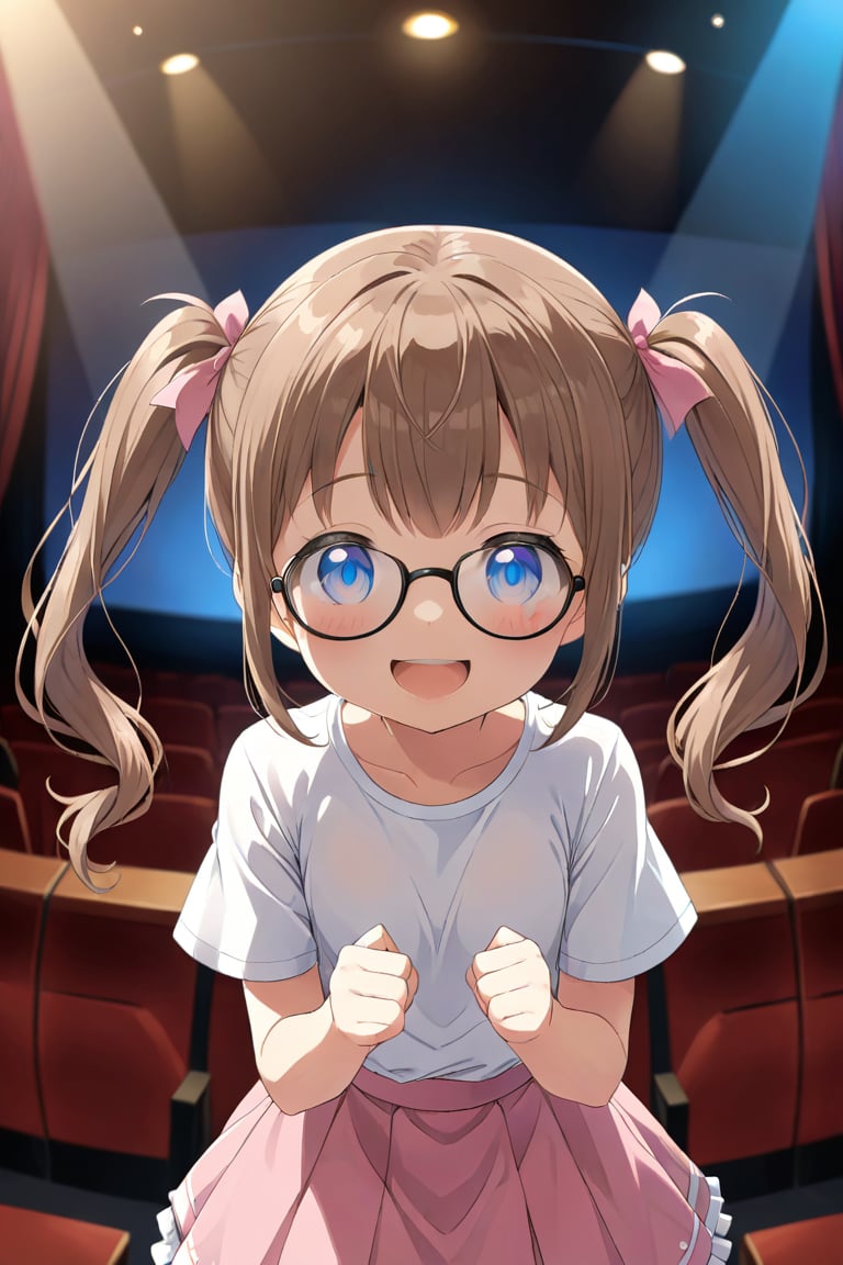 loli, brown hair, happy_face, front_view, twin_tails, blue_eyes, theather, white shirt, pink skirt, black glasses, 