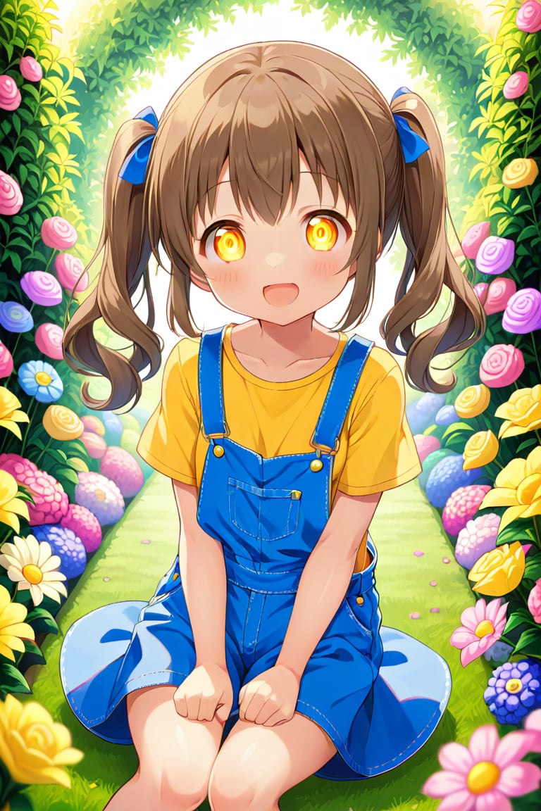 loli hypnotized, happy_face, yellow eyes, brown hair, front_view, twin_tails, flowers garden, yellow shirt, blue overalls, sitting